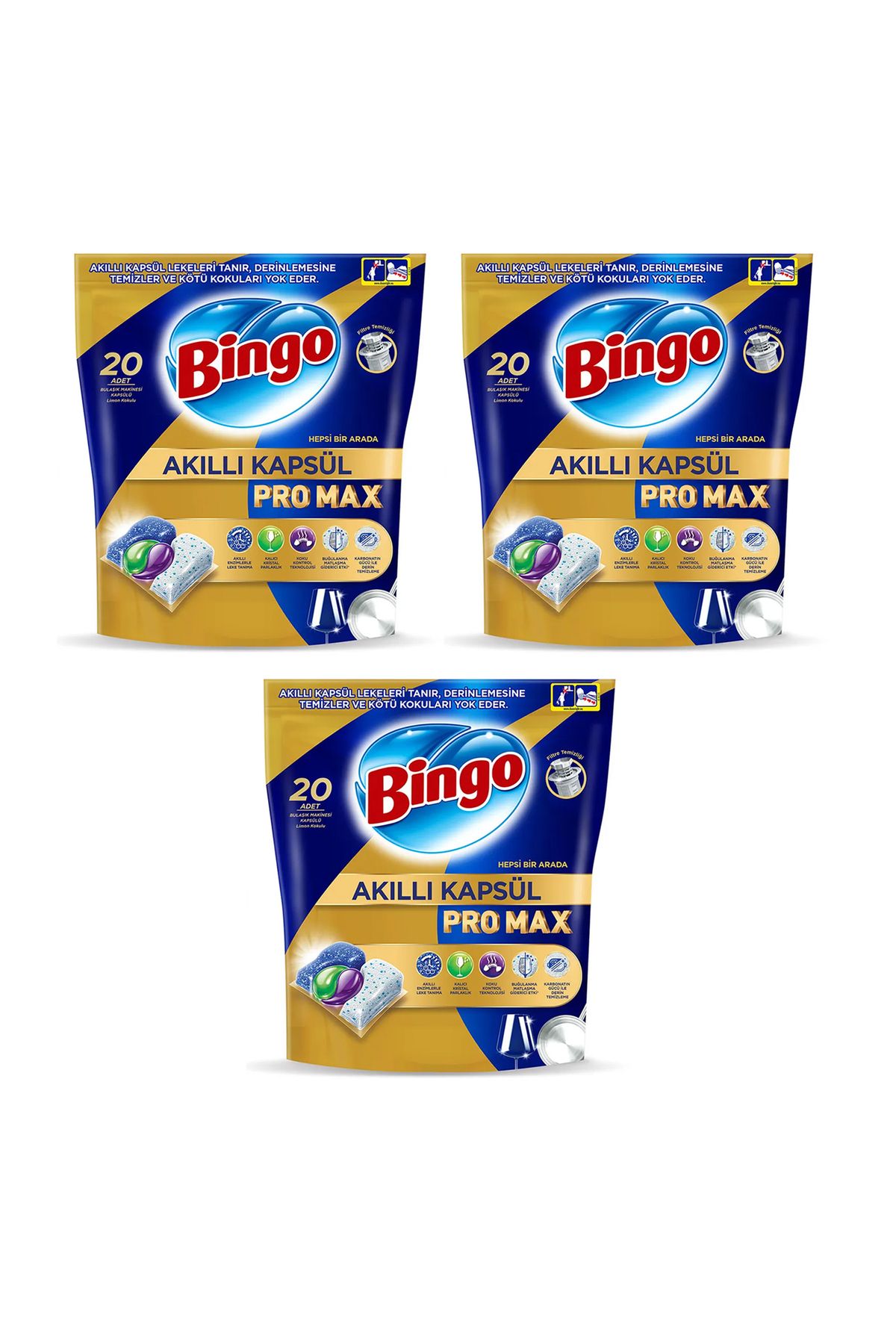 Bingo Akıllı Kapsül Pro Max Bulaşık Makinesi Tableti 20 li x 3 Adet (60 Kapsül)