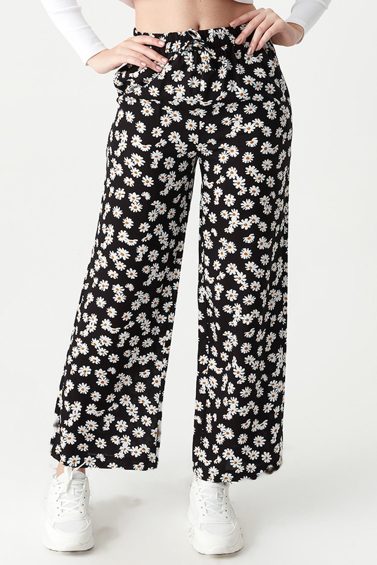 Select Moda-Pantaloni largi de damă cu imprimeu floral și talie elastică 4