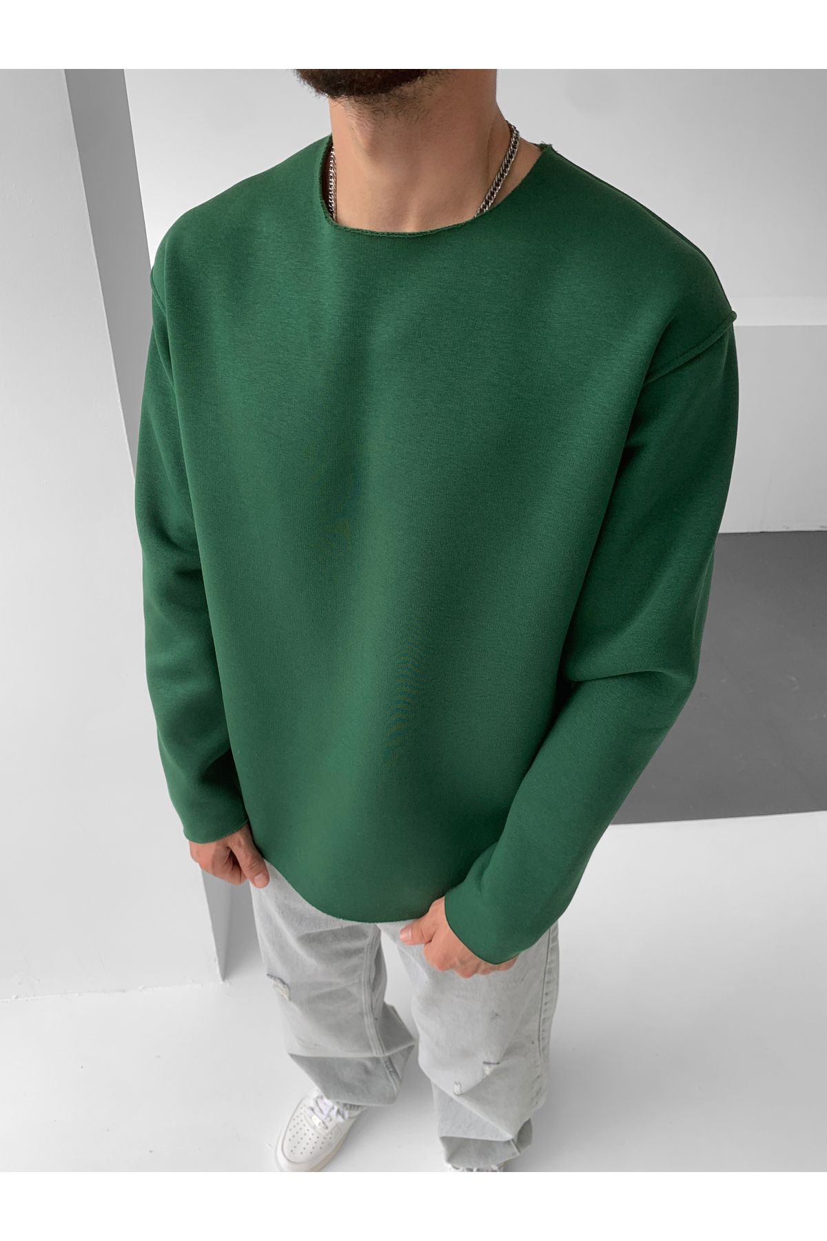 NO1 KONSEPT-Green Laser Cut Oversize Basic Sweatshirt 2