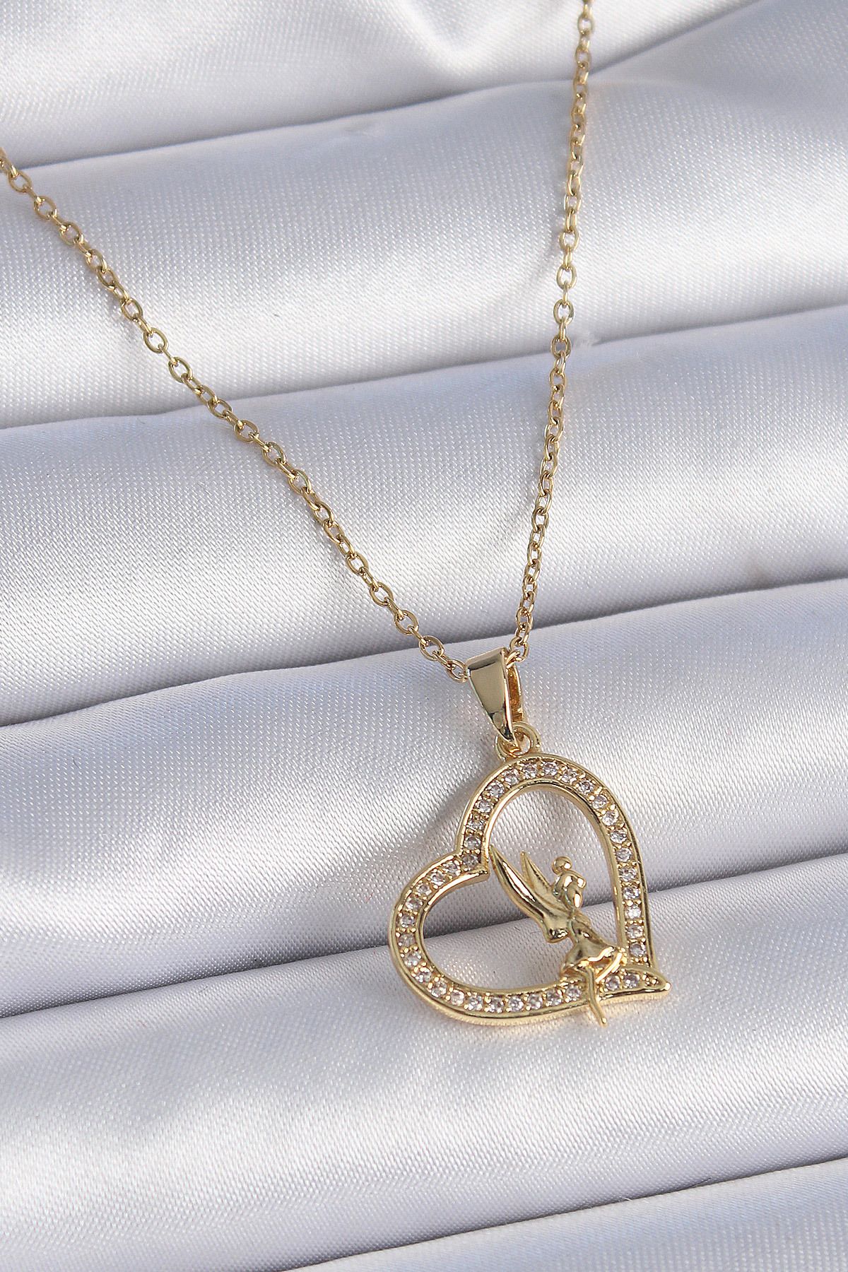 MMB Boutique 316L Çelik Zincir Gold Renk Zirkon Taşlı Kalp Model Melek Detay Kadın Kolye
