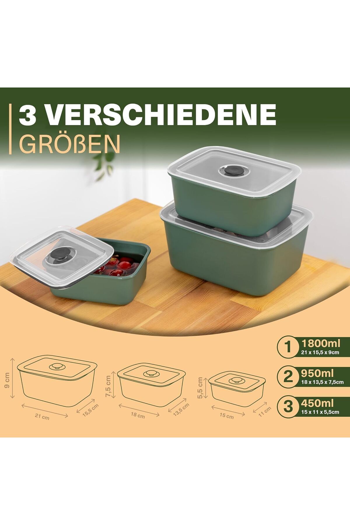 Viwares-Vakuumdosen 3er Set Grün - Luftdicht, Frischhaltend & Stapelbar 2