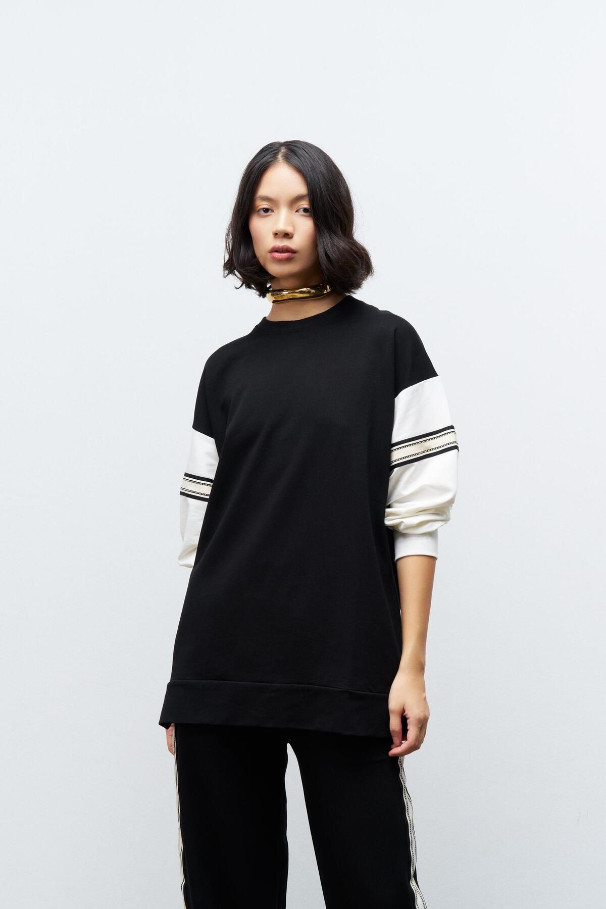 Basicpark-Black Women's Wide Leg Elastic Waist Stripe Detailed Cotton Knitted Bottom and Top Set 3