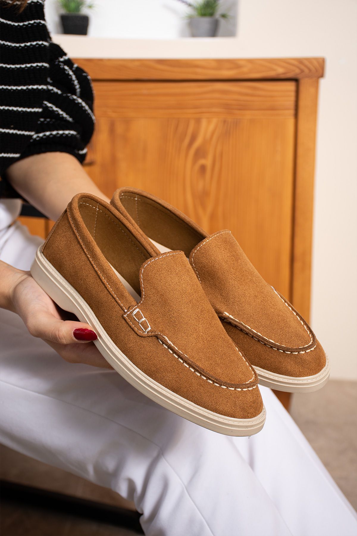 topukludünyası-Most Stylish Flat Sole Tan Loafer Women's Ballerinas 3