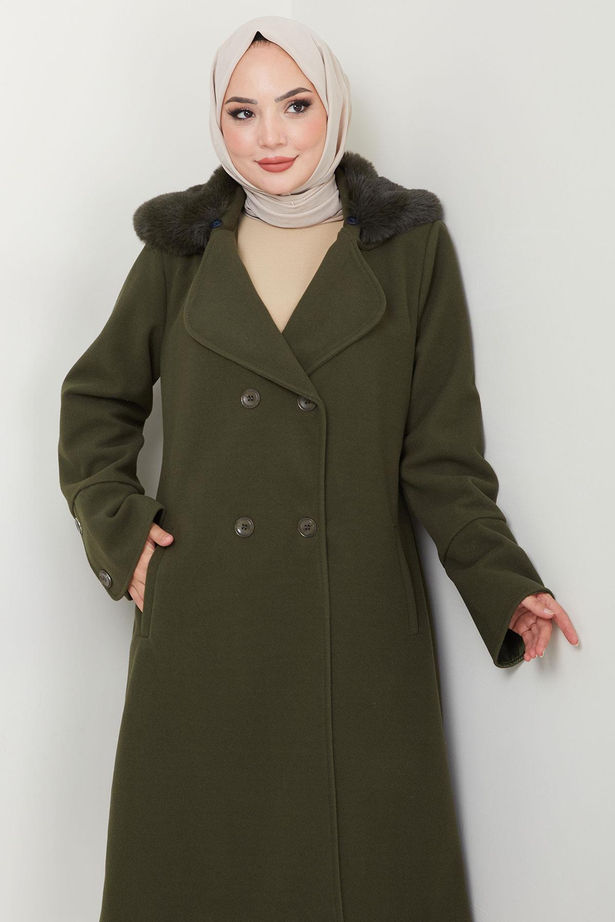 hafsamina  Yakası Kürk Detaylı Kaşe Kaban Haki HM2583 - Görsel 3