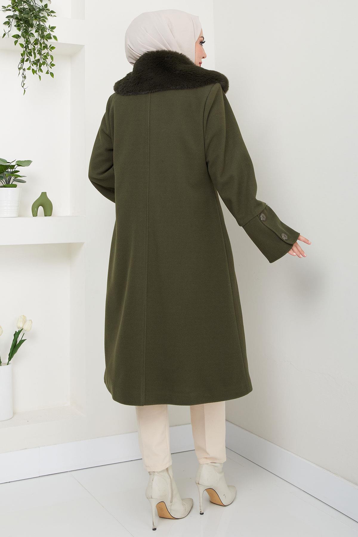hafsamina  Yakası Kürk Detaylı Kaşe Kaban Haki HM2583 - Görsel 5