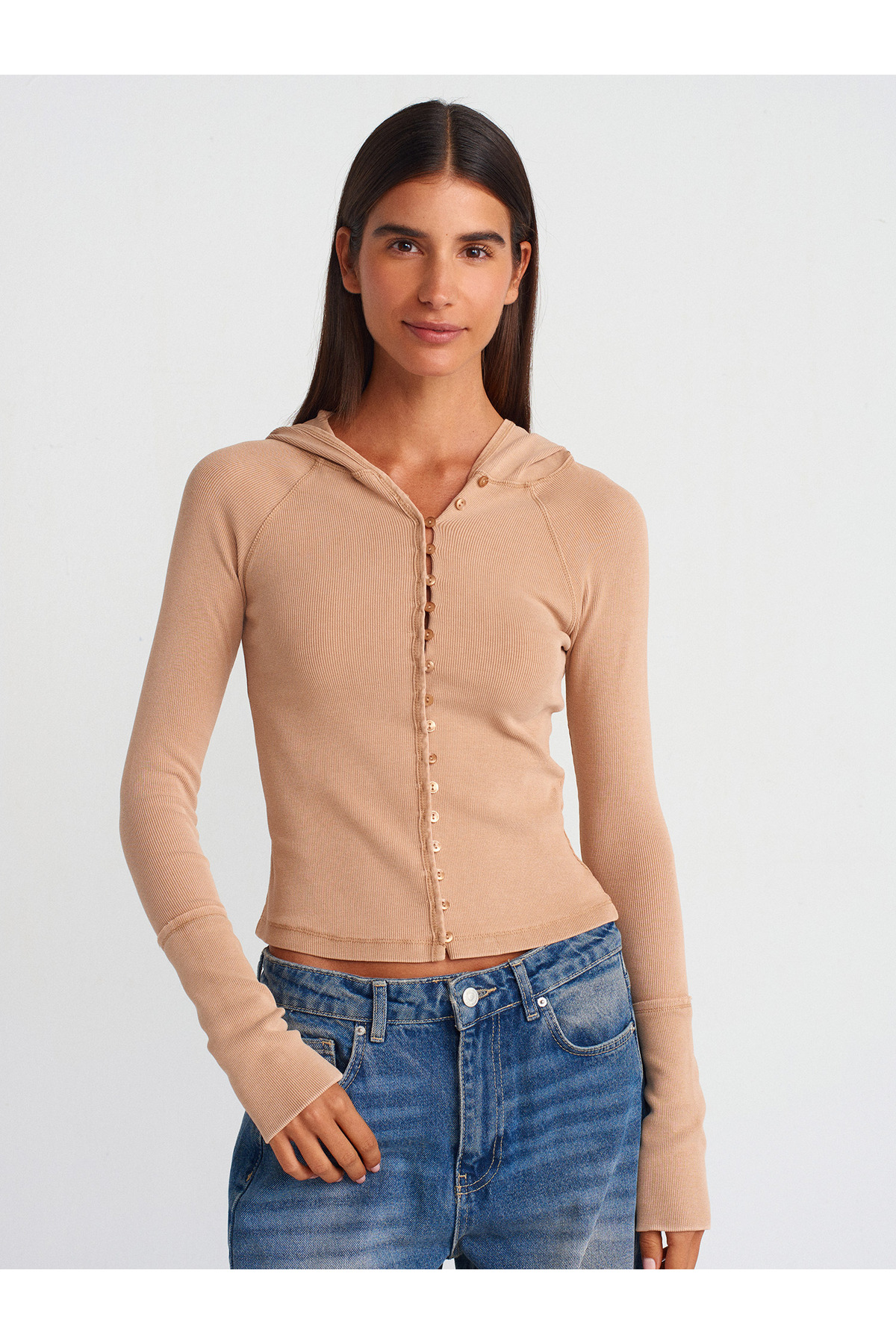 Dilvin 31288 Yıkama Efektli Kapüşonlu Top-Bej