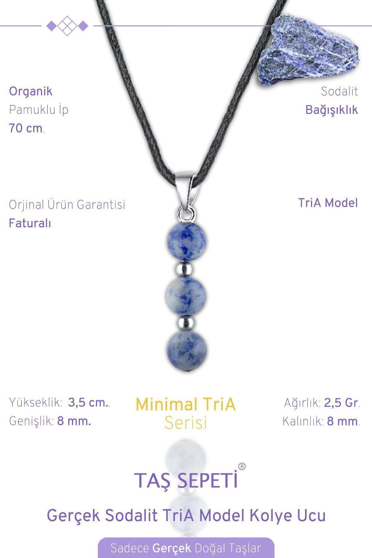 TAŞ SEPETİ-Real Sodalite Natural Stone Minimal Tria Model Cotton Drawstring Mens Necklace 1