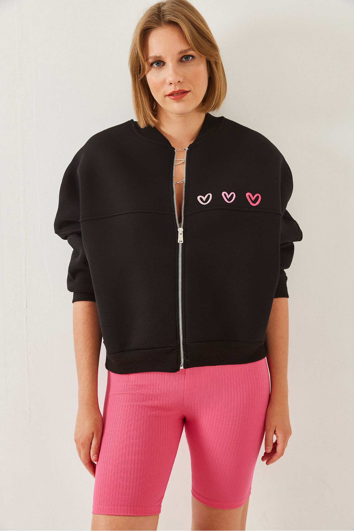 Bianco Lucci-Women's Heart Embroidered Three Thread Ribbed Cardigan 6326 60251954 4