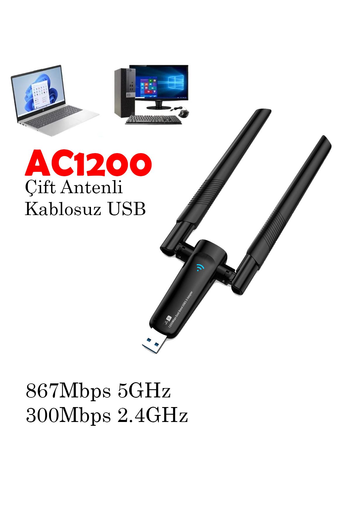 ANADOLU PARS 300 Mbps Kablosuz Ağ Kartı Mini Usb Wifi Adaptörü Lan Wi-fi Alıcısı Dongle Anten AC1200