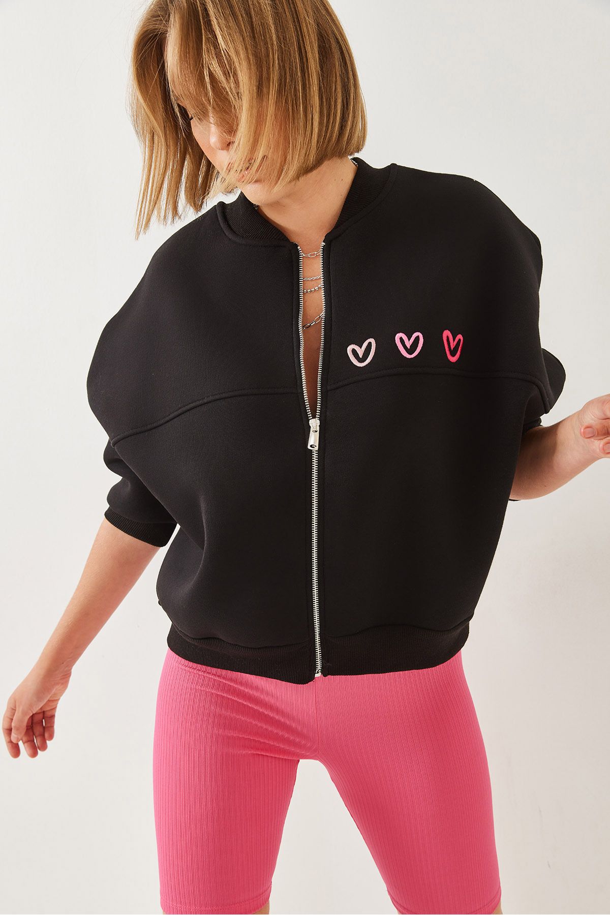 Bianco Lucci-Women's Heart Embroidered Three Thread Ribbed Cardigan 6326 60251954 2
