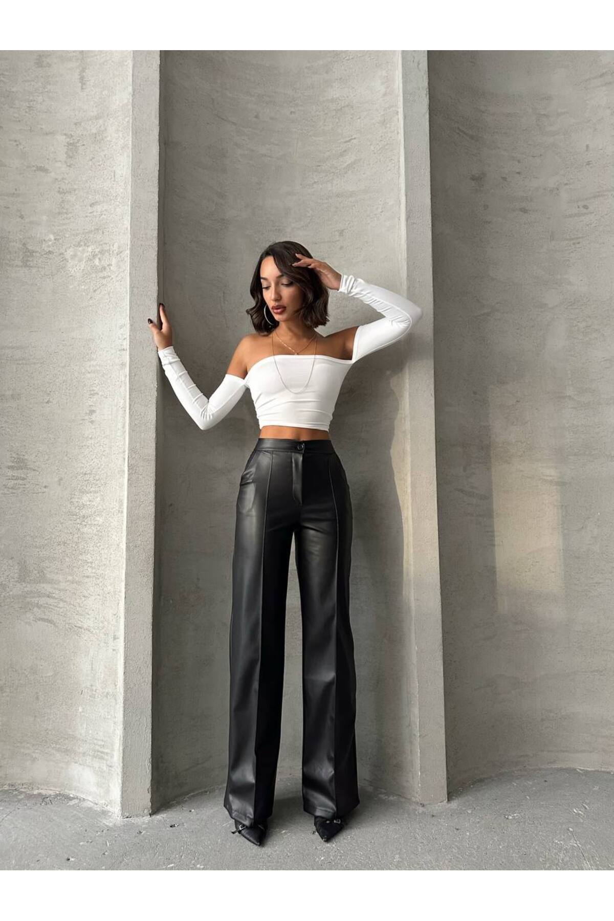 Genel Markalar  Palazzo Suni Deri Mat Pantolon MISSPNT24654 - Görsel 2