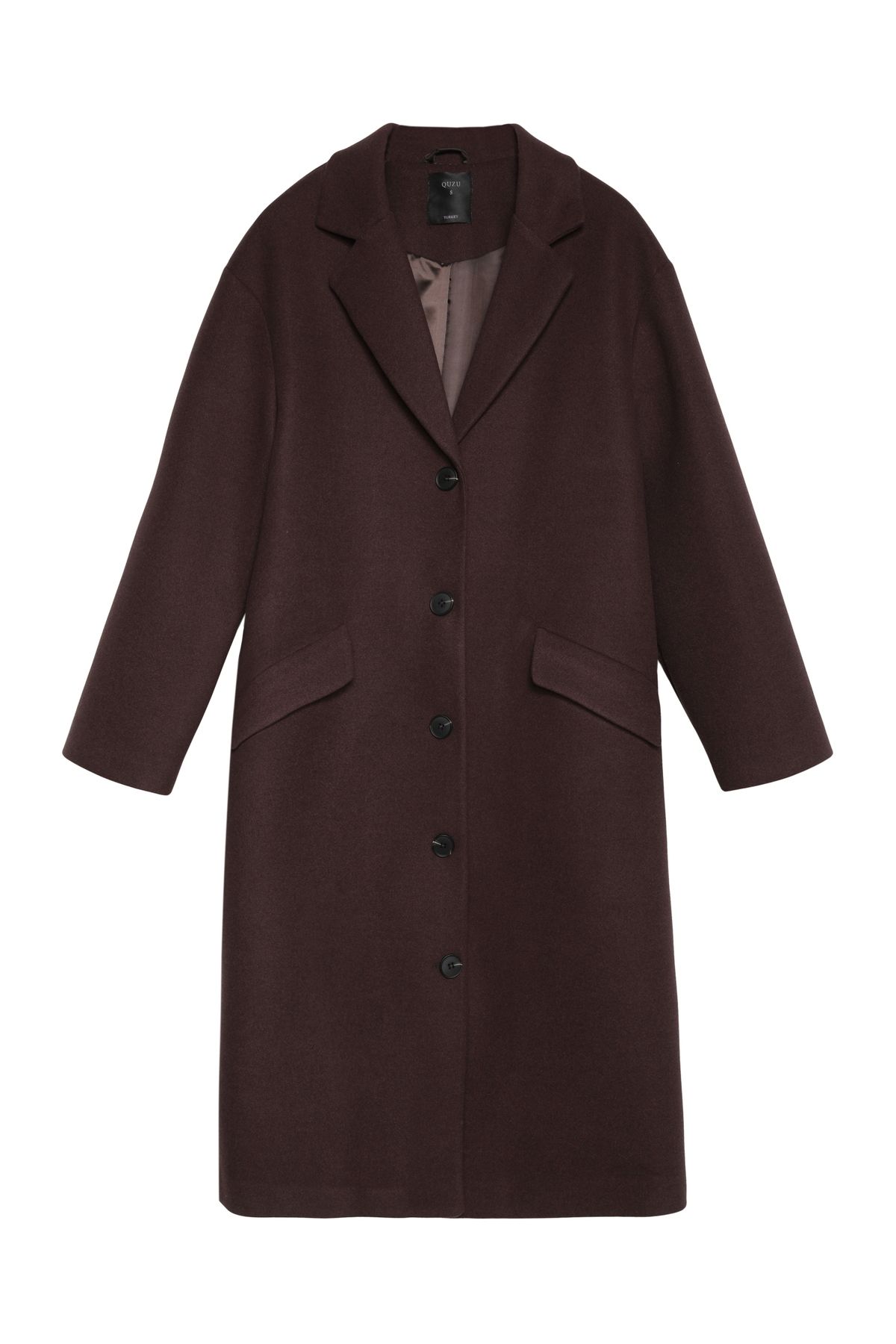 Quzu-Double Breasted Collar Buttoned Long Coat Brown 2