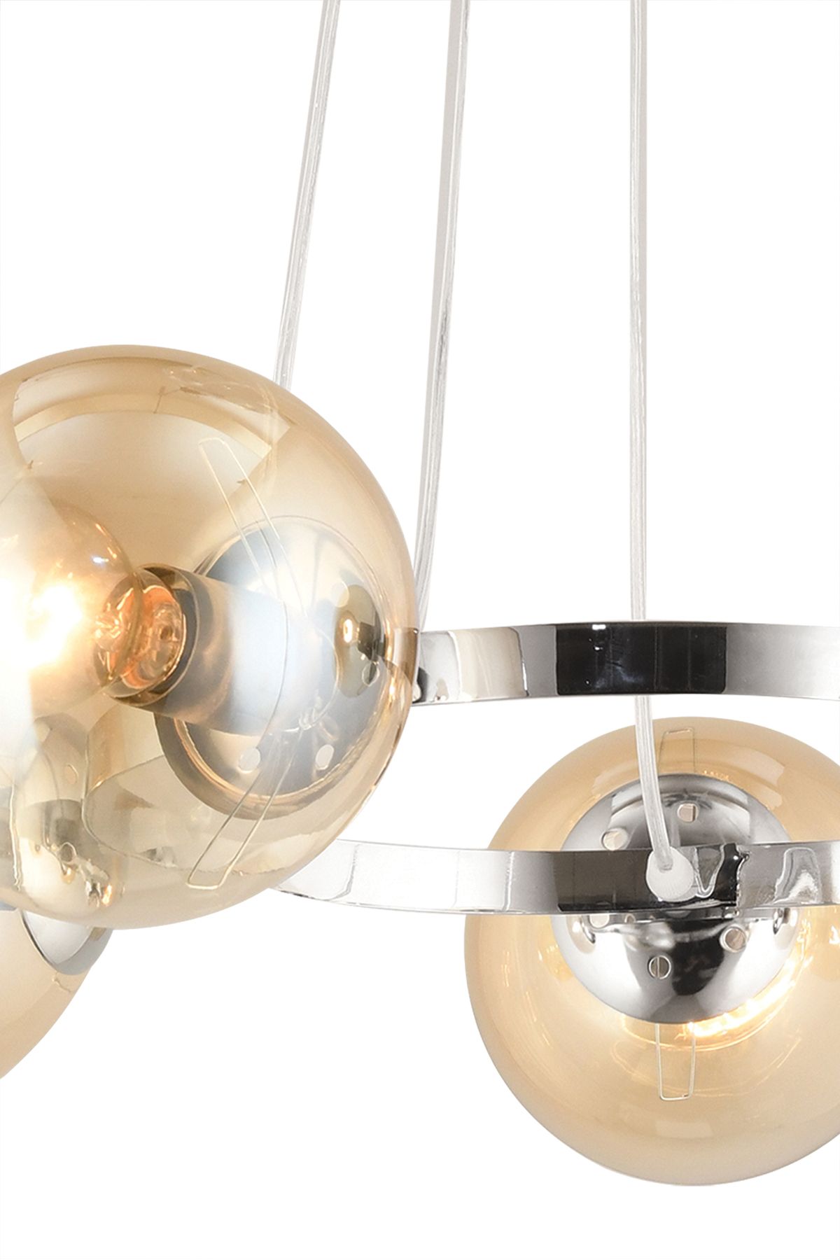 SONSUZ AYDINLATMA&AVİZE-Queen Chrome 5-Piece Ring Honey Globe Glass Modern Chandelier 7