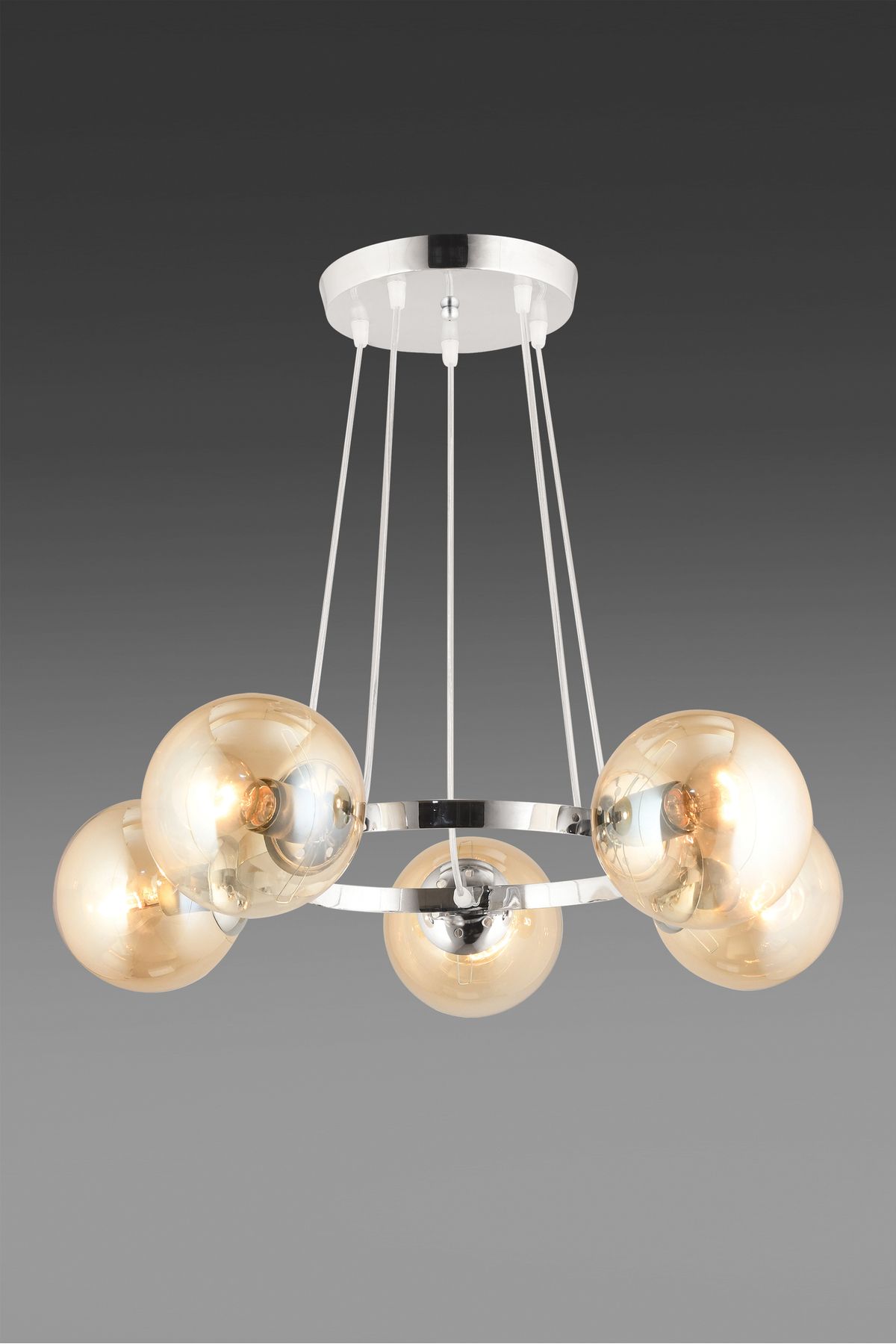 SONSUZ AYDINLATMA&AVİZE-Queen Chrome 5-Piece Ring Honey Globe Glass Modern Chandelier 3