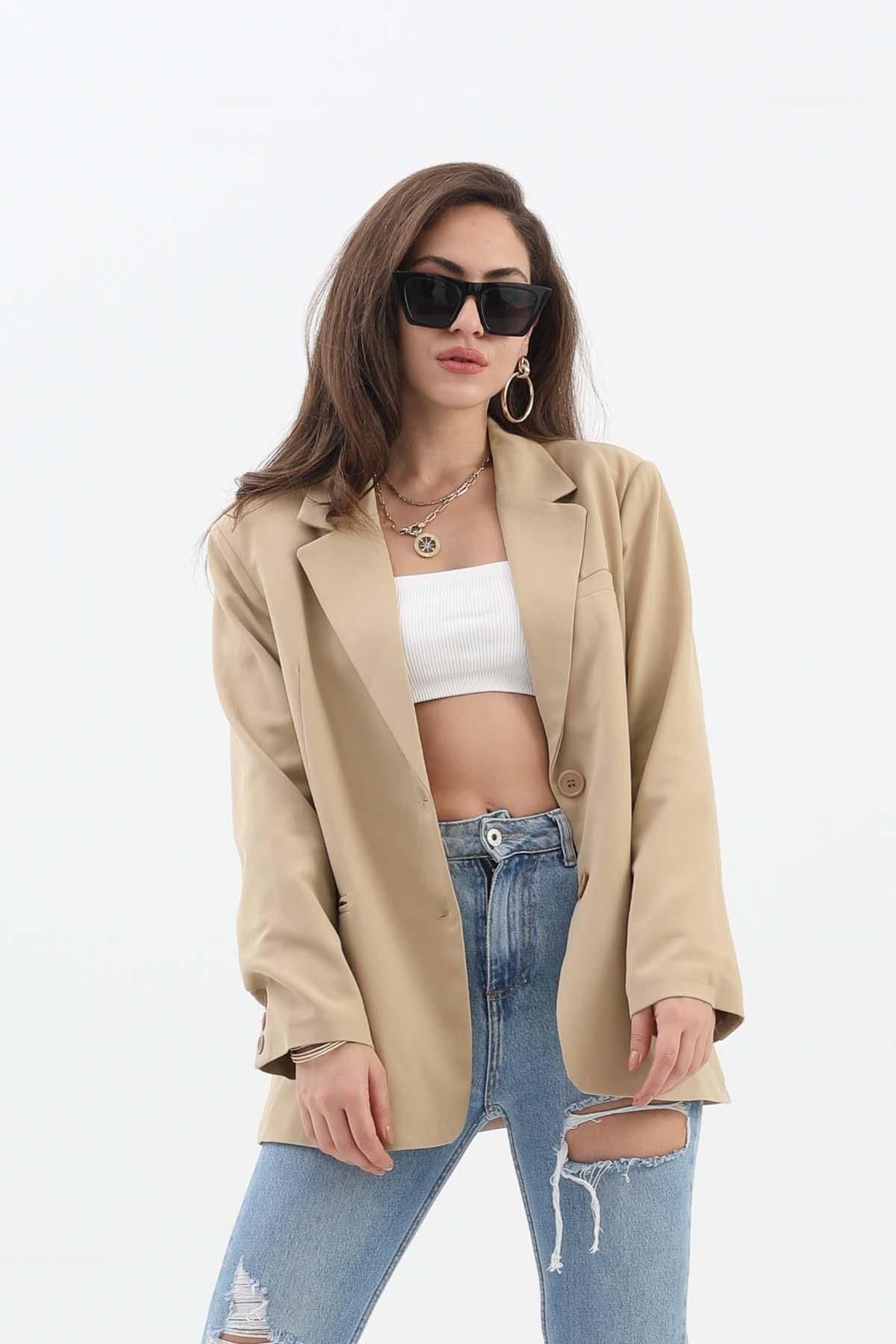 Rose's Boutique All About Women-Rose's Boutiqe All about Women's Double Breasted Lapel Oversize Blazer Jacket - Mink 1