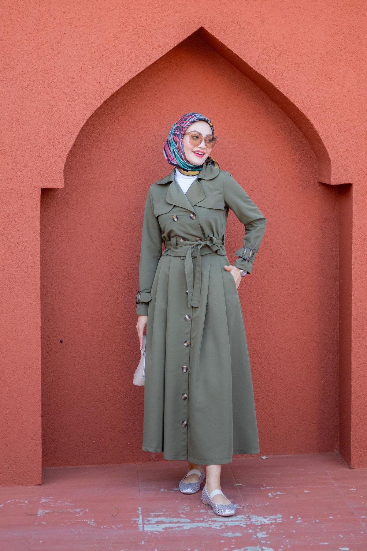 Tesettür Çarşım Khaki Jacket and Skirt Set - Trench Detailed