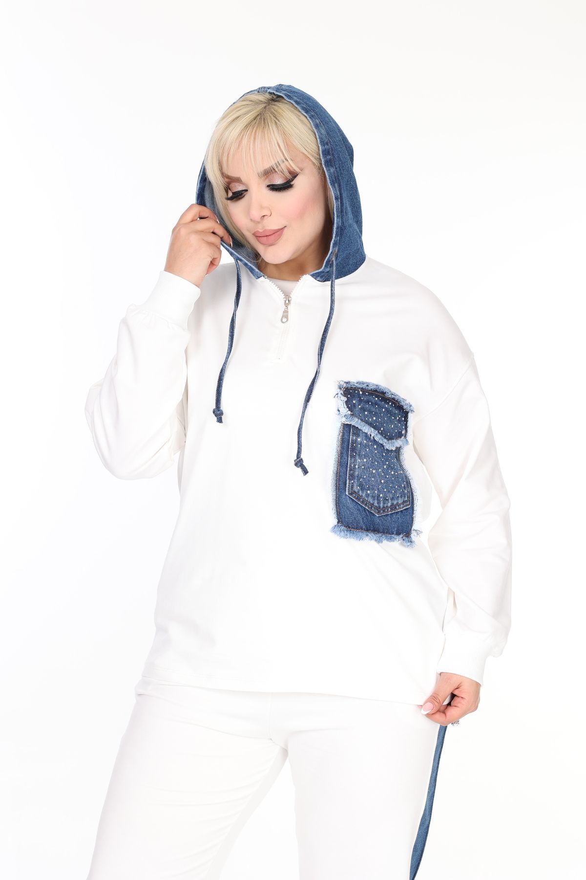 MJORA-Denim Detailed Knitted Cotton Fabric Top and Bottom Set 2