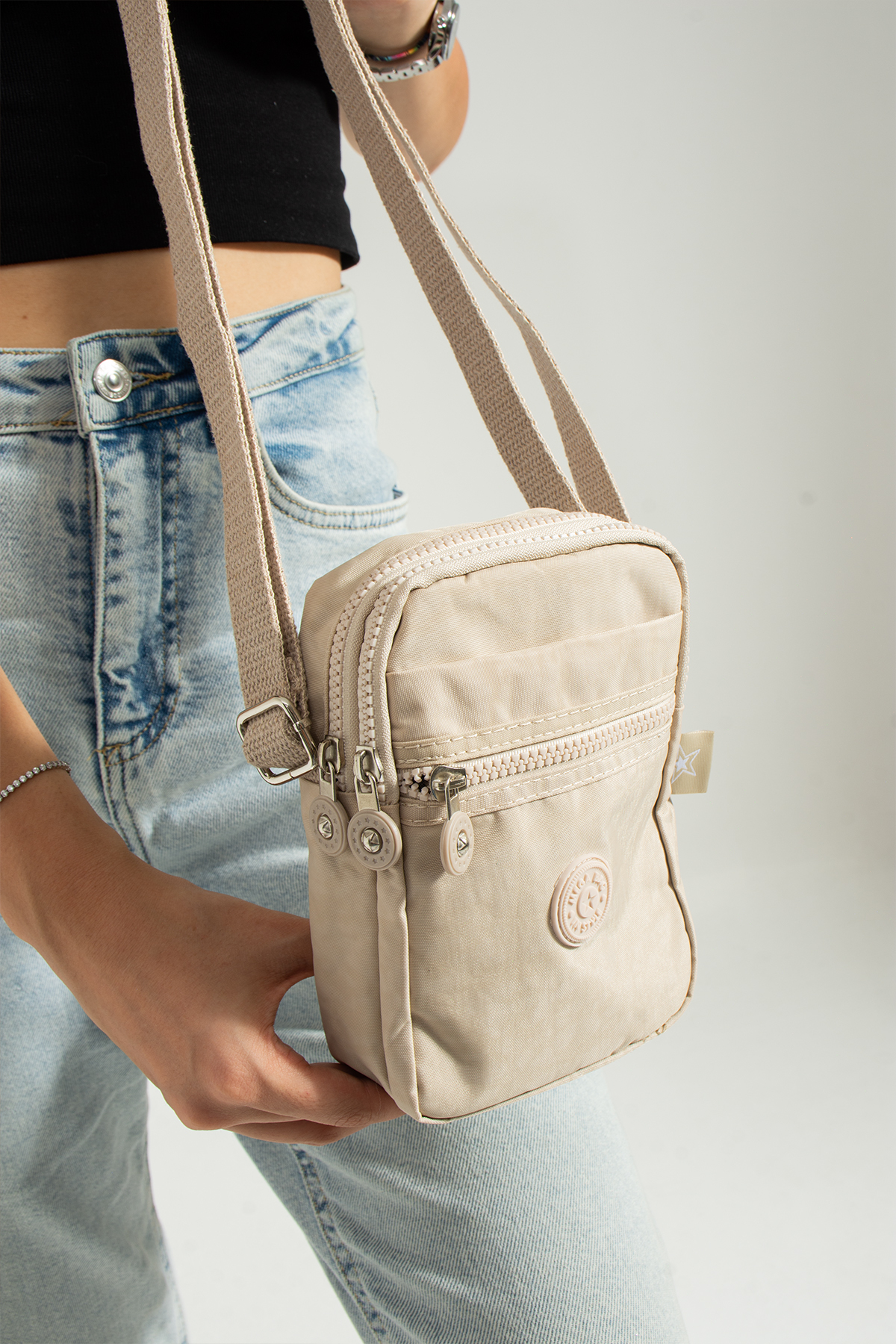 M 227 Krinkıl Kumaş Unisex Küçük Omuz Çantası, Telefonluk
