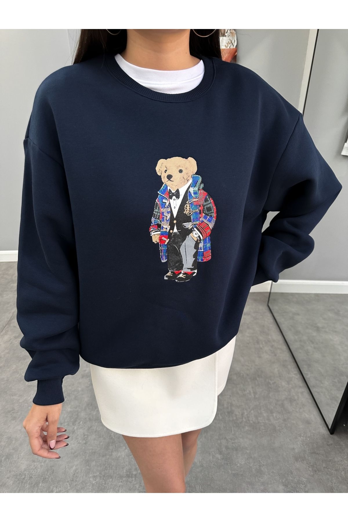 ESRAHELVACI-Navy Blue Teddy Bear Printed Sweat 2