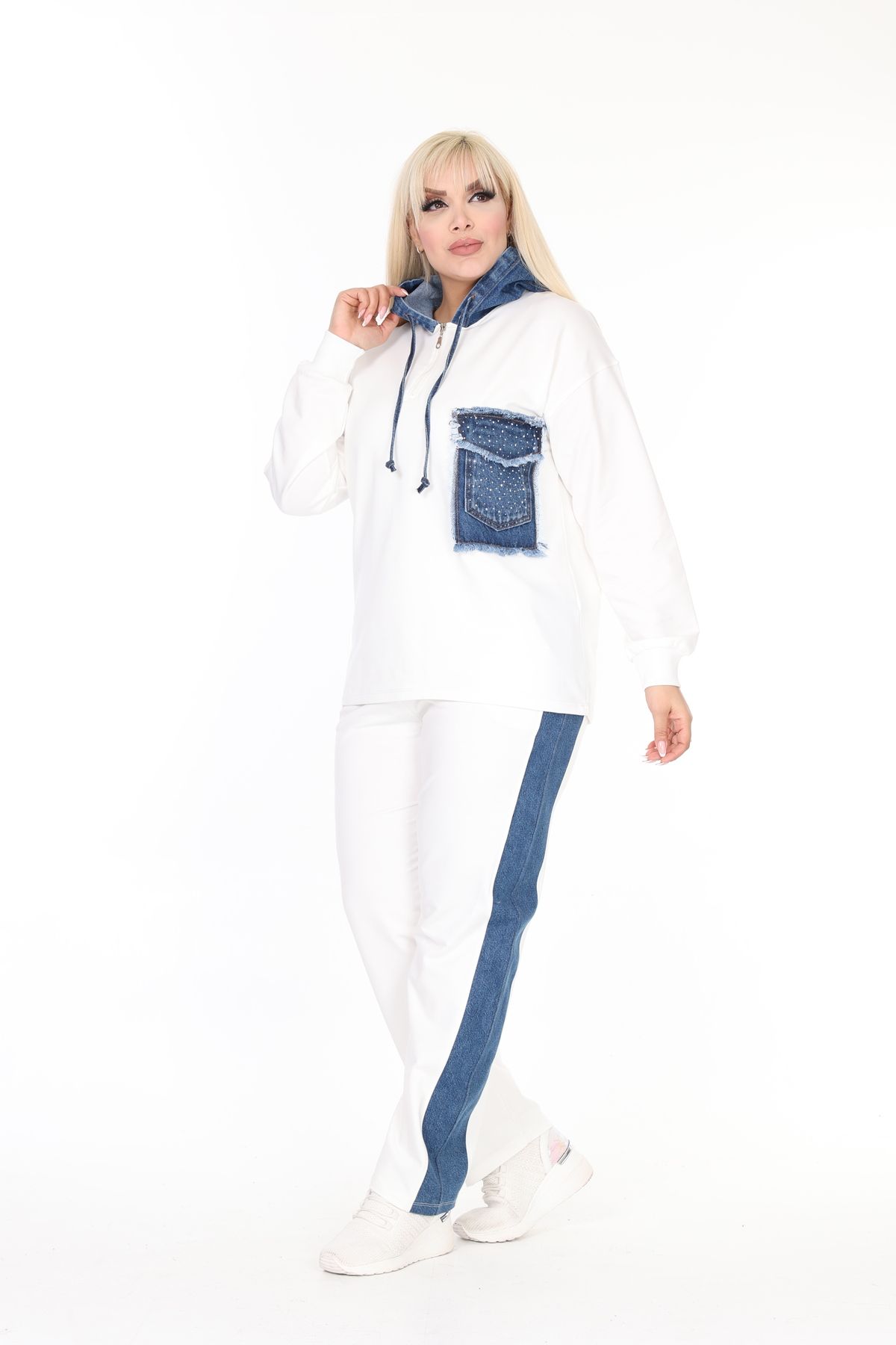 MJORA-Denim Detailed Knitted Cotton Fabric Top and Bottom Set 5