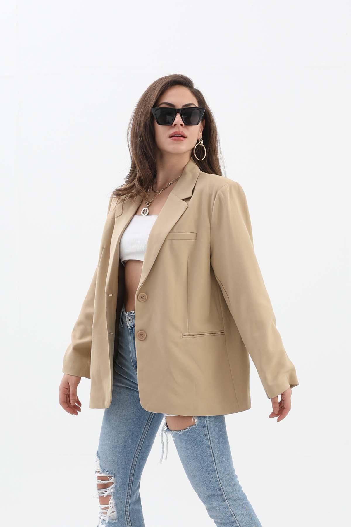 Rose's Boutique All About Women-Rose's Boutiqe All about Women's Double Breasted Lapel Oversize Blazer Jacket - Mink 4