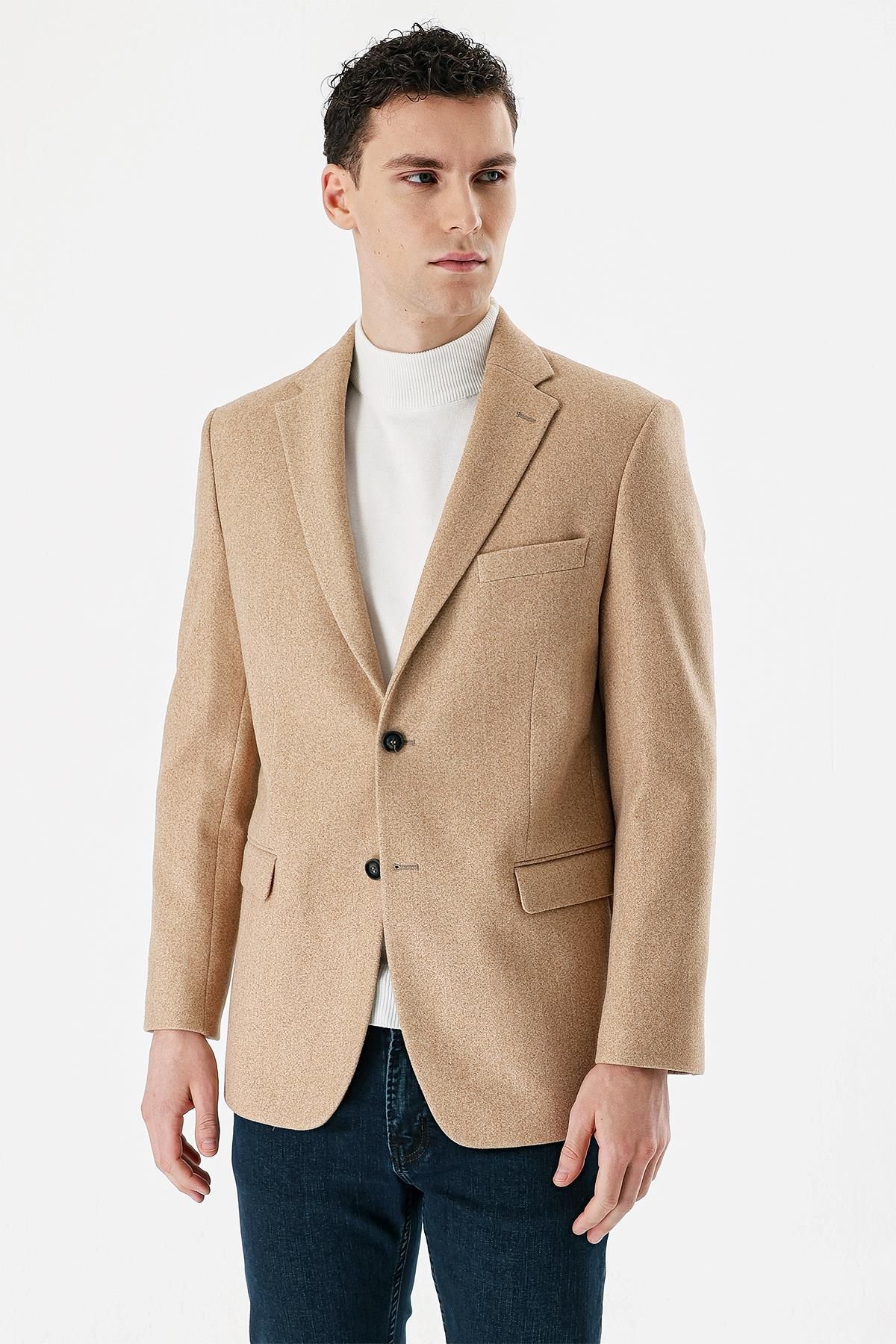 کت مردانه BEIGE STAMP MONO COLLAR DOUBLE SLIP WOOL 6 DROP COMFORT FIT CUT کلاسیک 1002235140 İmza