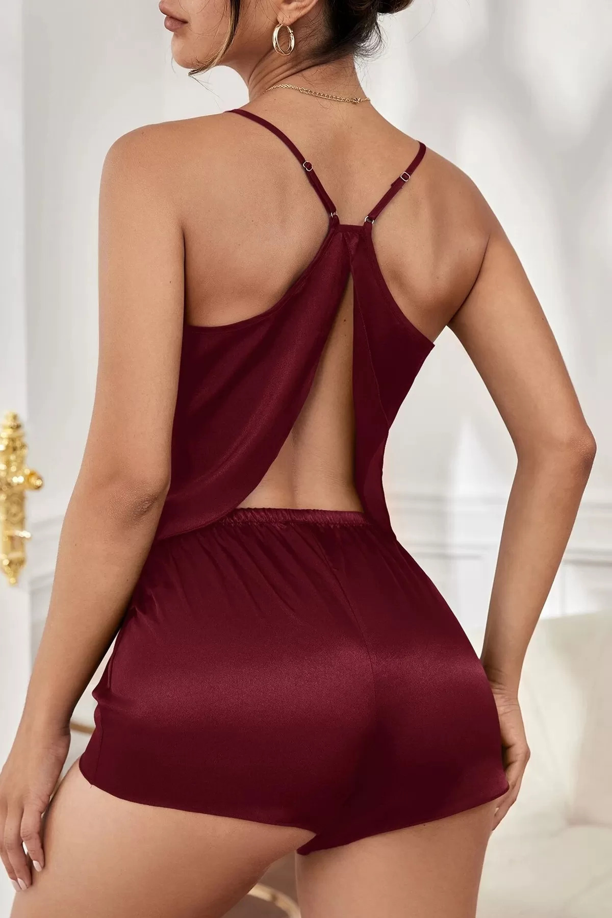 Everyone s Kadın Bordo Sırt Dekolte Detaylı Sexy Şortlu Gecelik Takım