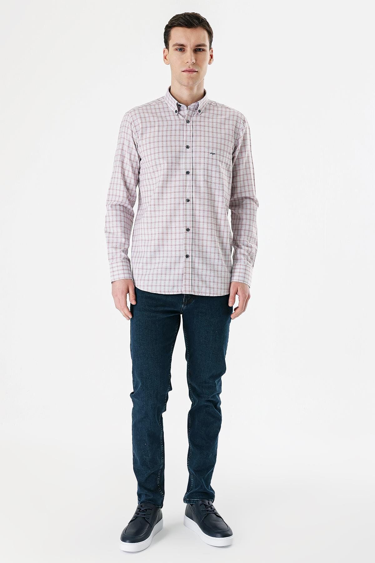 İmza-Claret Red Long Sleeve Checked Cloth Feet Buttoned Collar Pocket Cotton Comfort Fit Shirt1004235163 4