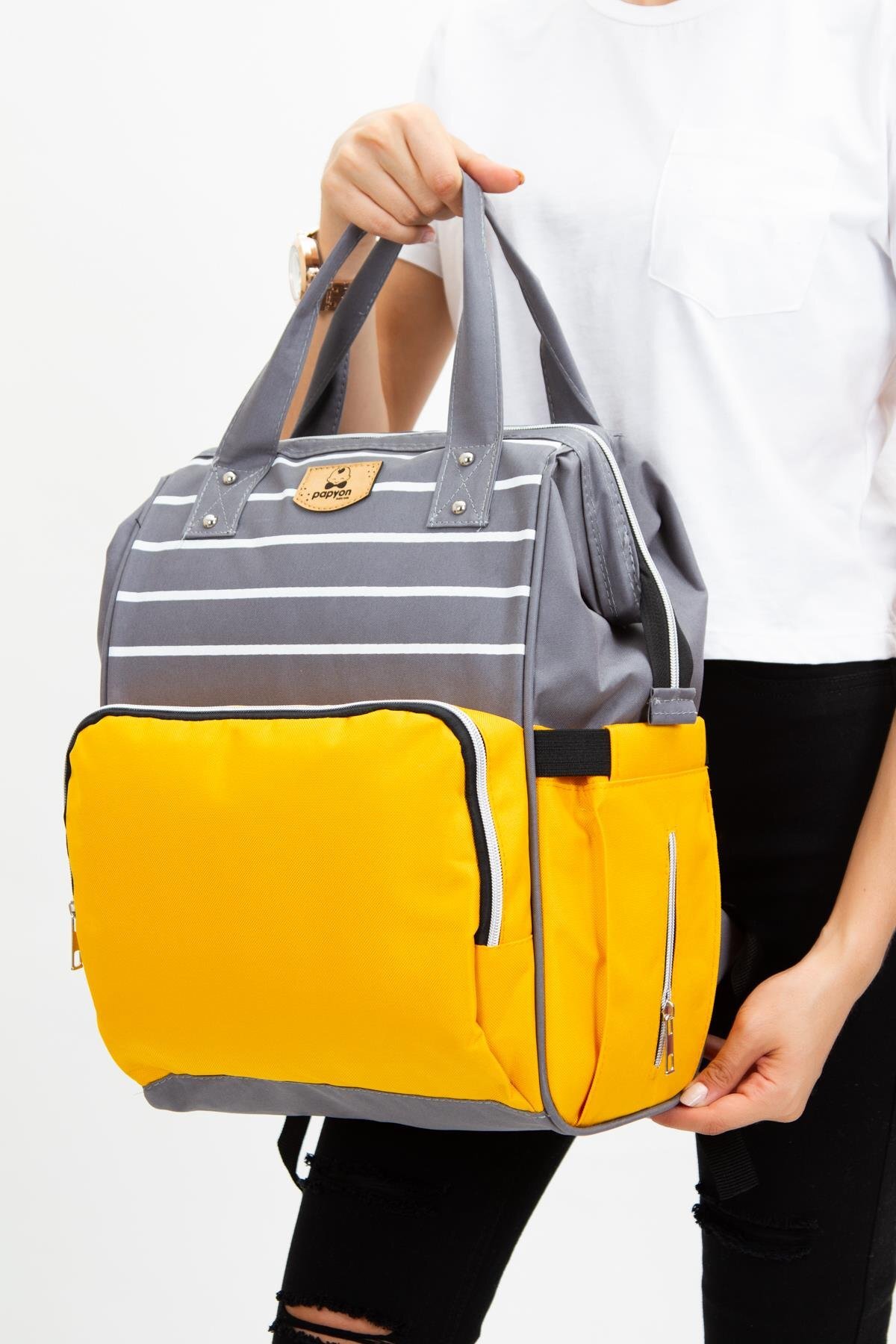 Papyon Baby Kids Çizgili Anne Bebek Bakım Sırt Çantası Biberon Termos Gözlü Puset Askı Aparatlı fotoğrafı 2 (önizleme)