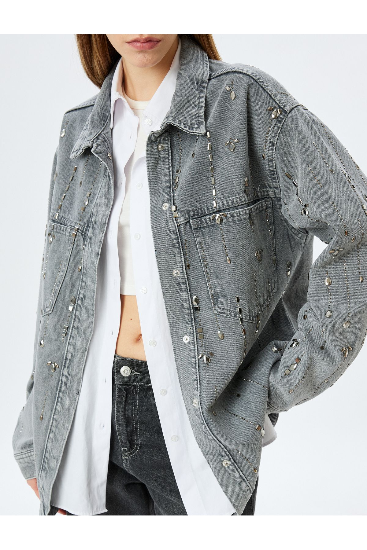 Koton-Stoned Pocket Detailed Buttoned Classic Collar Denim Jacket 6