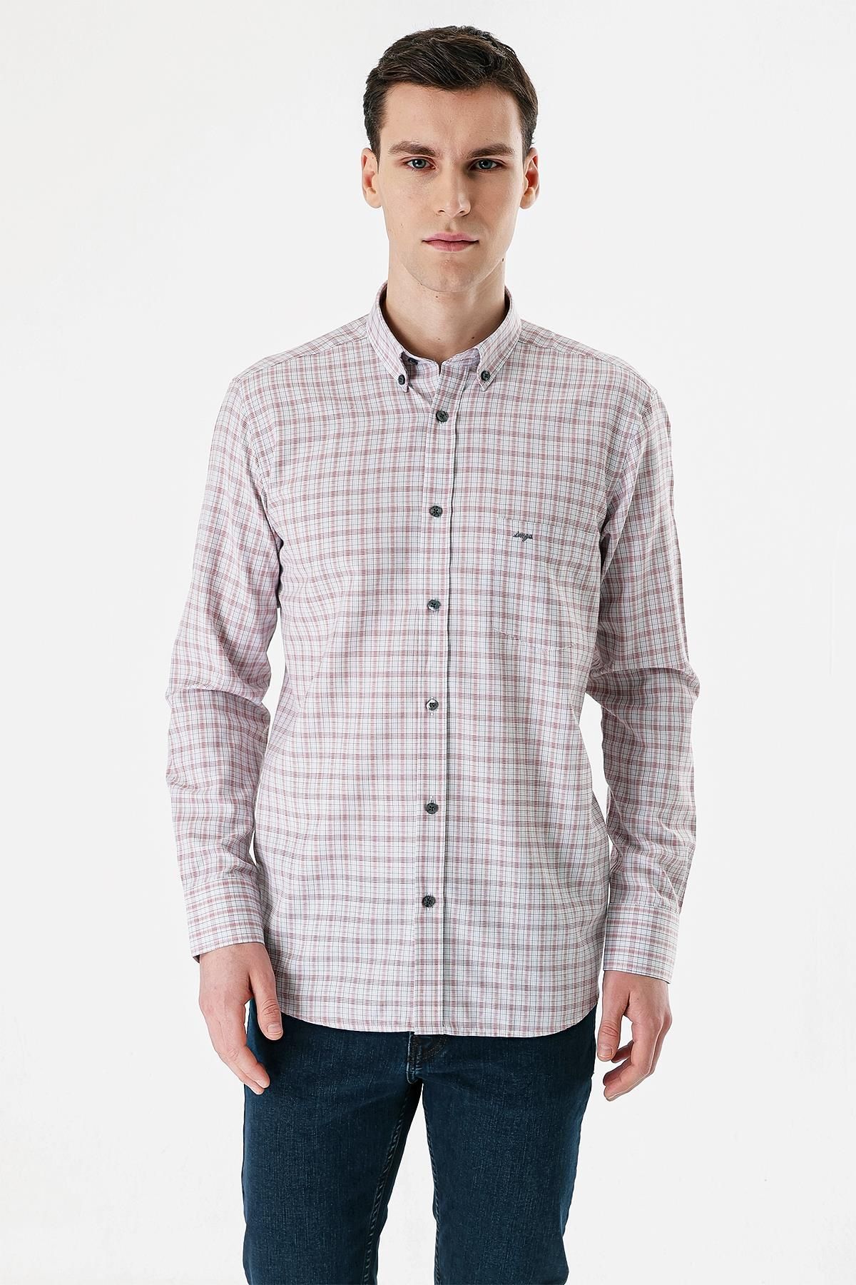 İmza-Claret Red Long Sleeve Checked Cloth Feet Buttoned Collar Pocket Cotton Comfort Fit Shirt1004235163 3