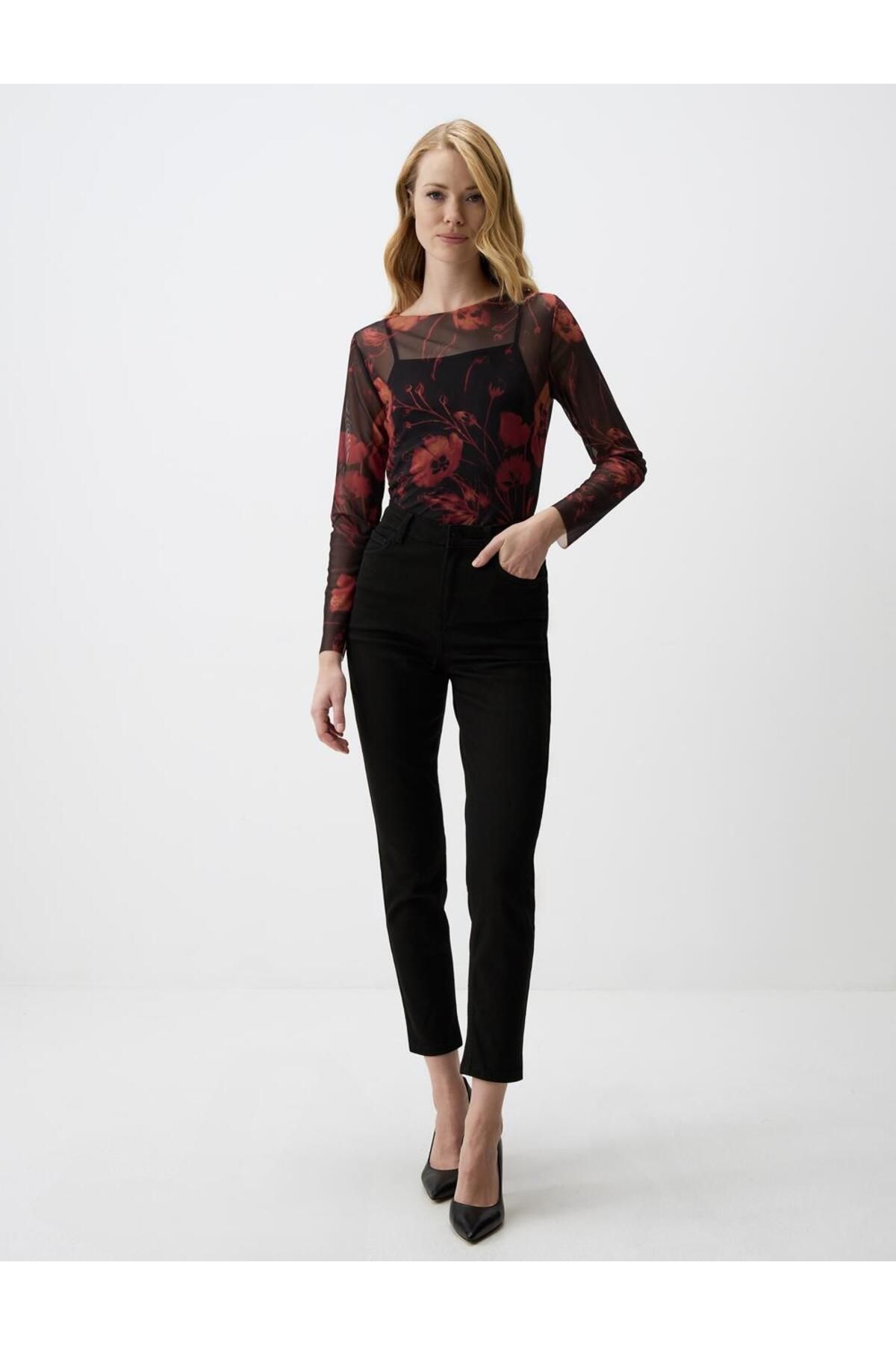 Jimmy Key-Black Boat Neck Relaxed Fit Patterned Mesh Knitted Blouse 2