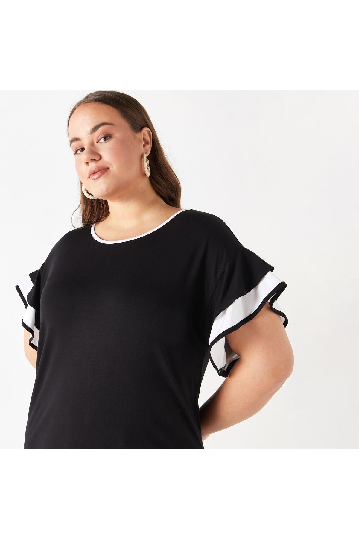 Ulla Popken-Plus Size Ulla Popken Colourblock Top with Ruffle Detail 4