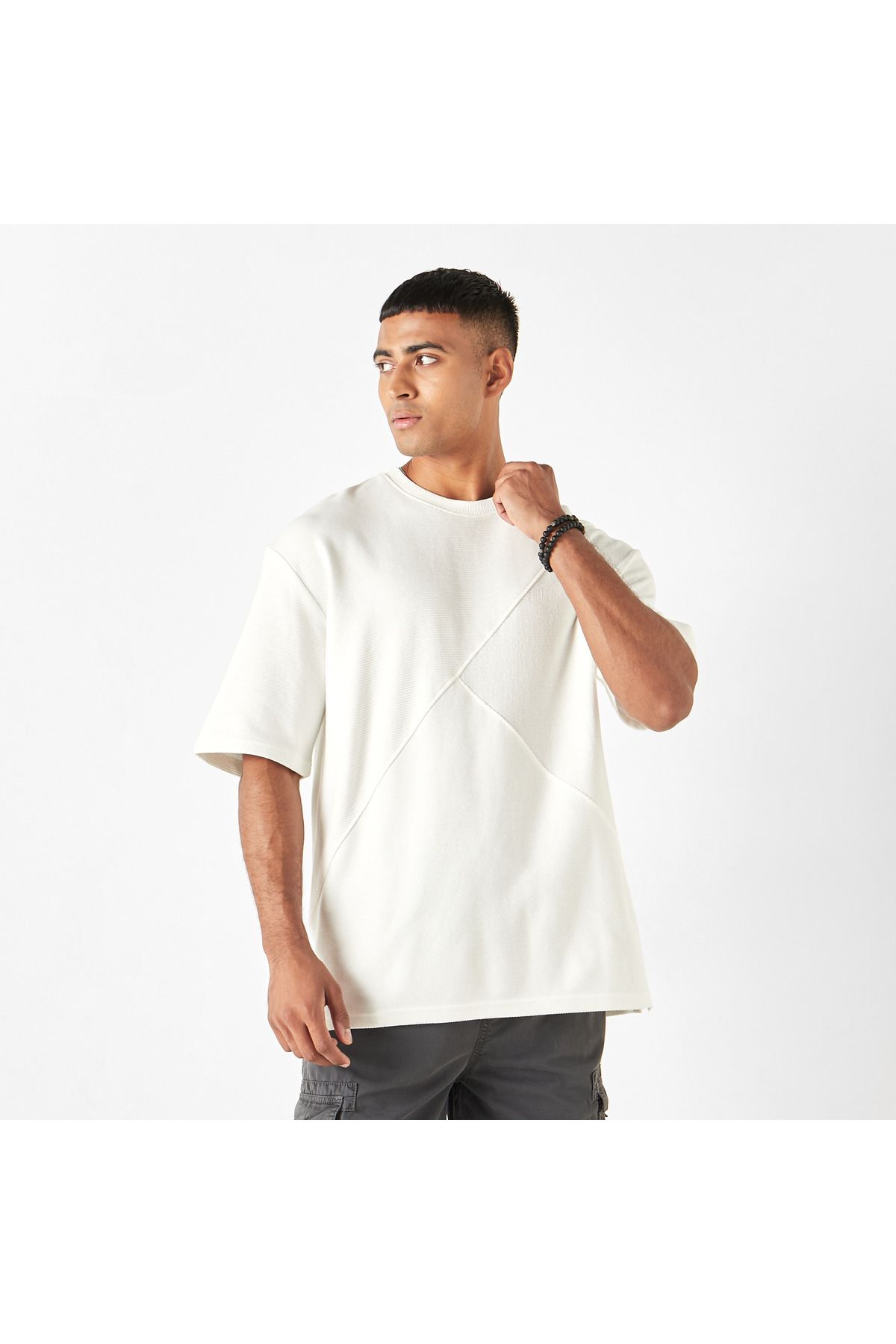 Lee Cooper-Textured Crew Neck T-shirt with Short Sleeves 1