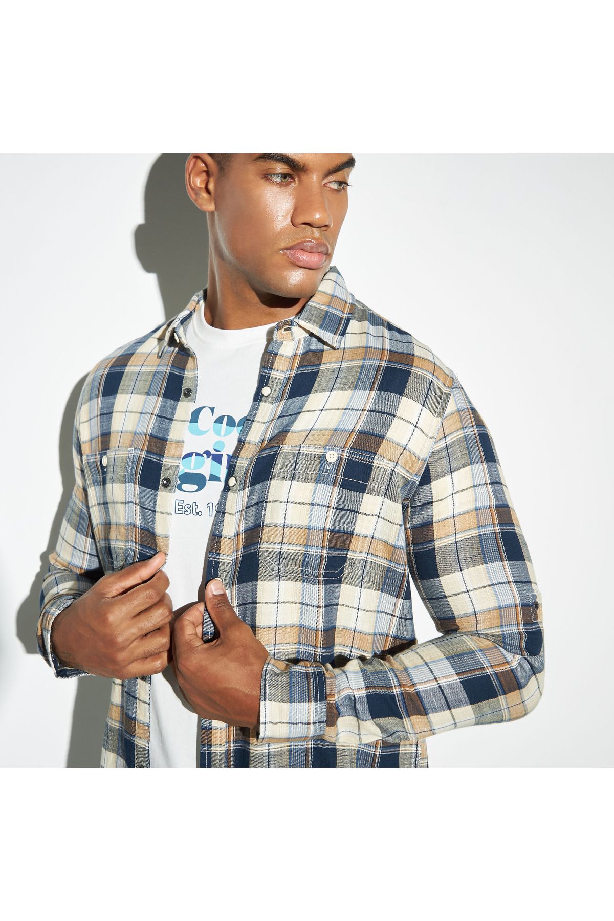 Lee Cooper-All-Over Checked Shirt with Pockets and Long Sleeves 3