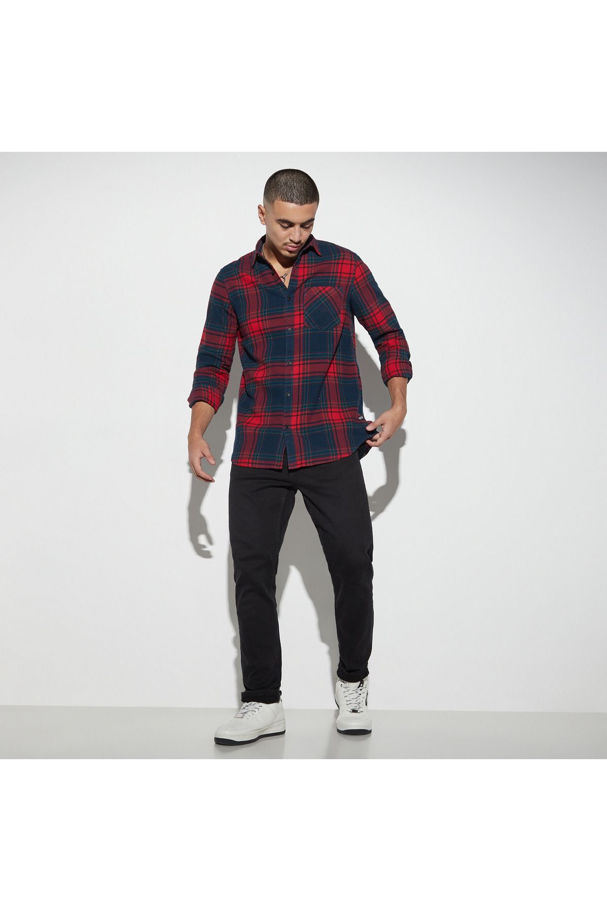 Lee Cooper-Checked Shirt with Pocket and Long Sleeves 2