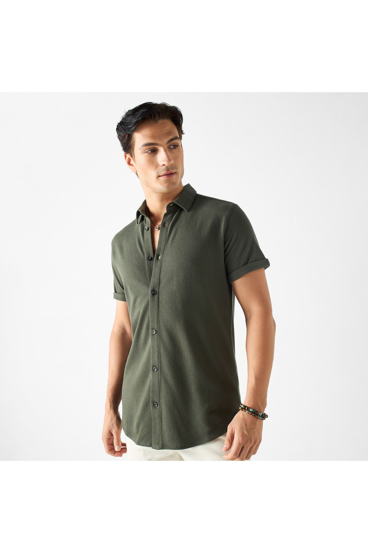 Iconic-Textured Shirt with Spread Collar and Short Sleeves 1