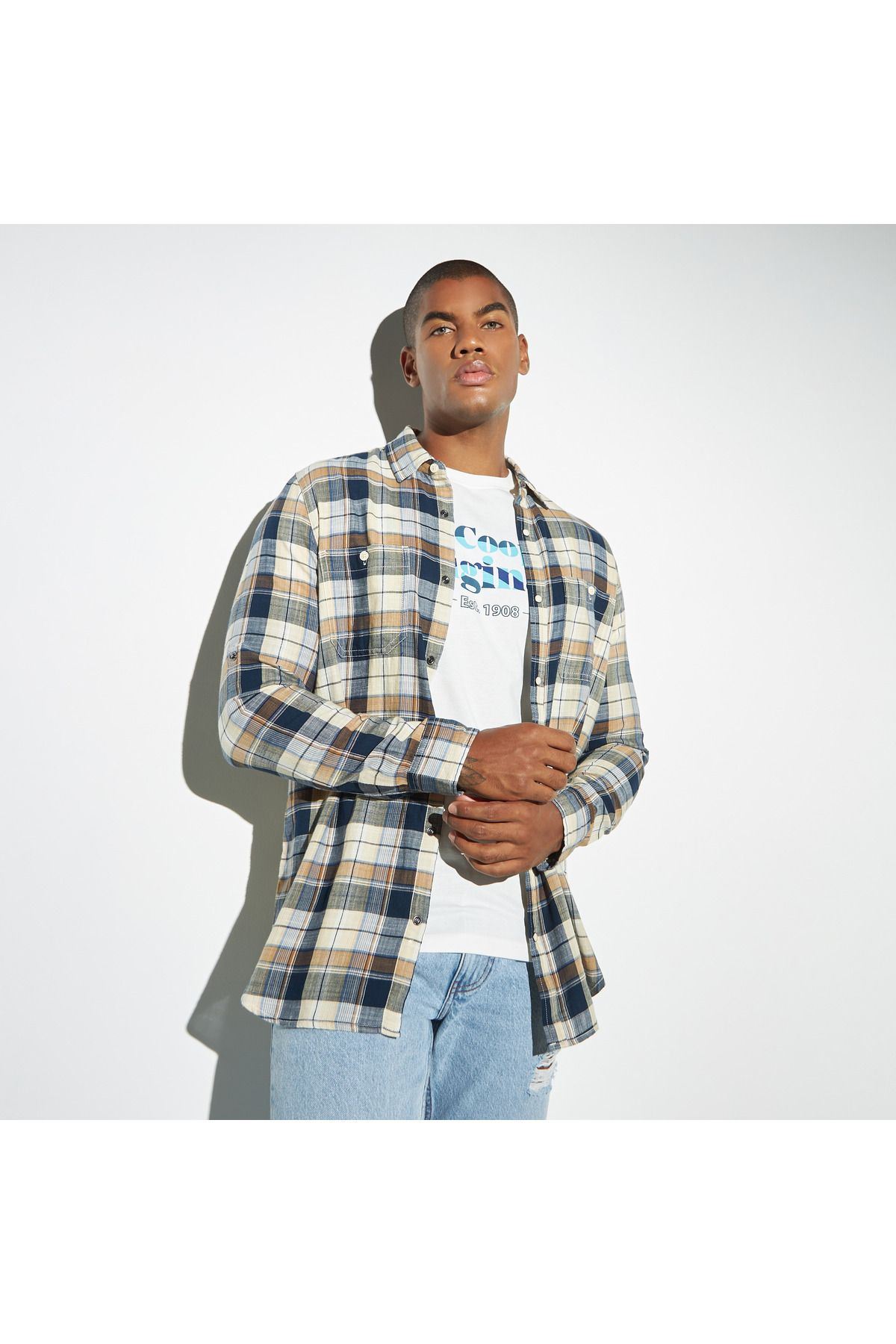 Lee Cooper-All-Over Checked Shirt with Pockets and Long Sleeves 1