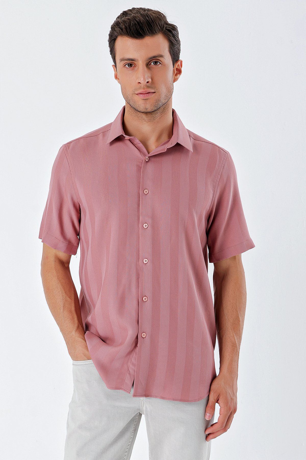 İmza-Dusty Rose Short Sleeve Patterned Dobby Solid Collar No Pocket Classic Comfort Fit Shirt 1004230204 3