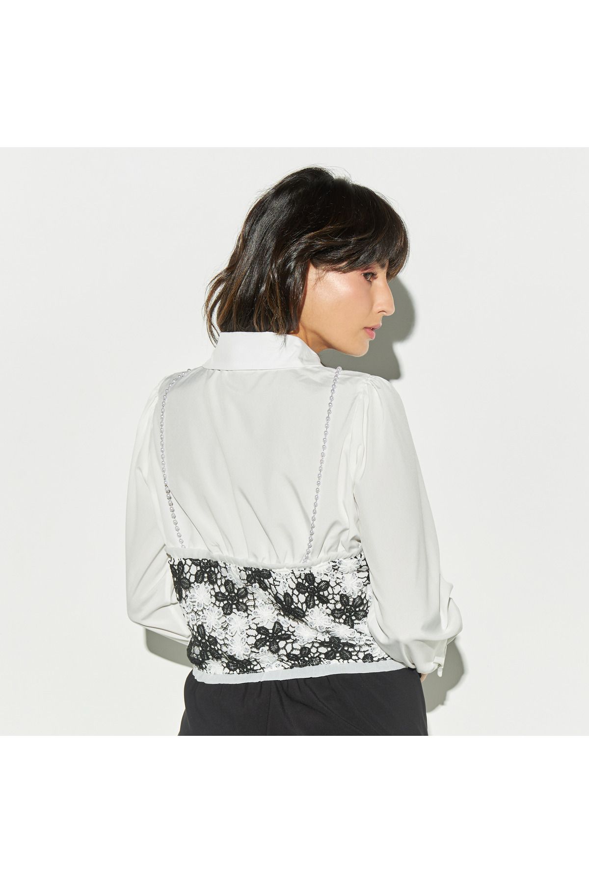 2Xtremz-Floral Lace Overlay Shirt with Pearl Embellishments 3