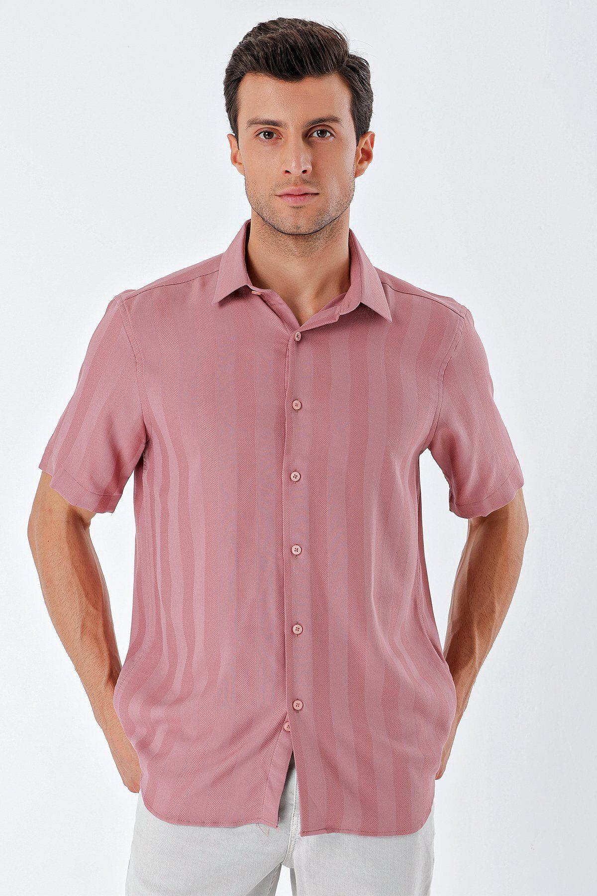 İmza-Dusty Rose Short Sleeve Patterned Dobby Solid Collar No Pocket Classic Comfort Fit Shirt 1004230204 1