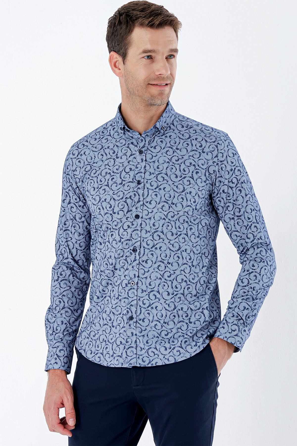 پیراهن بلوز دکمه دار مردانه آستین بلند و آبی دریایی بدون جیب پنبه LYCRA کلاسیک SLIM FIT 1004235208 İmza
