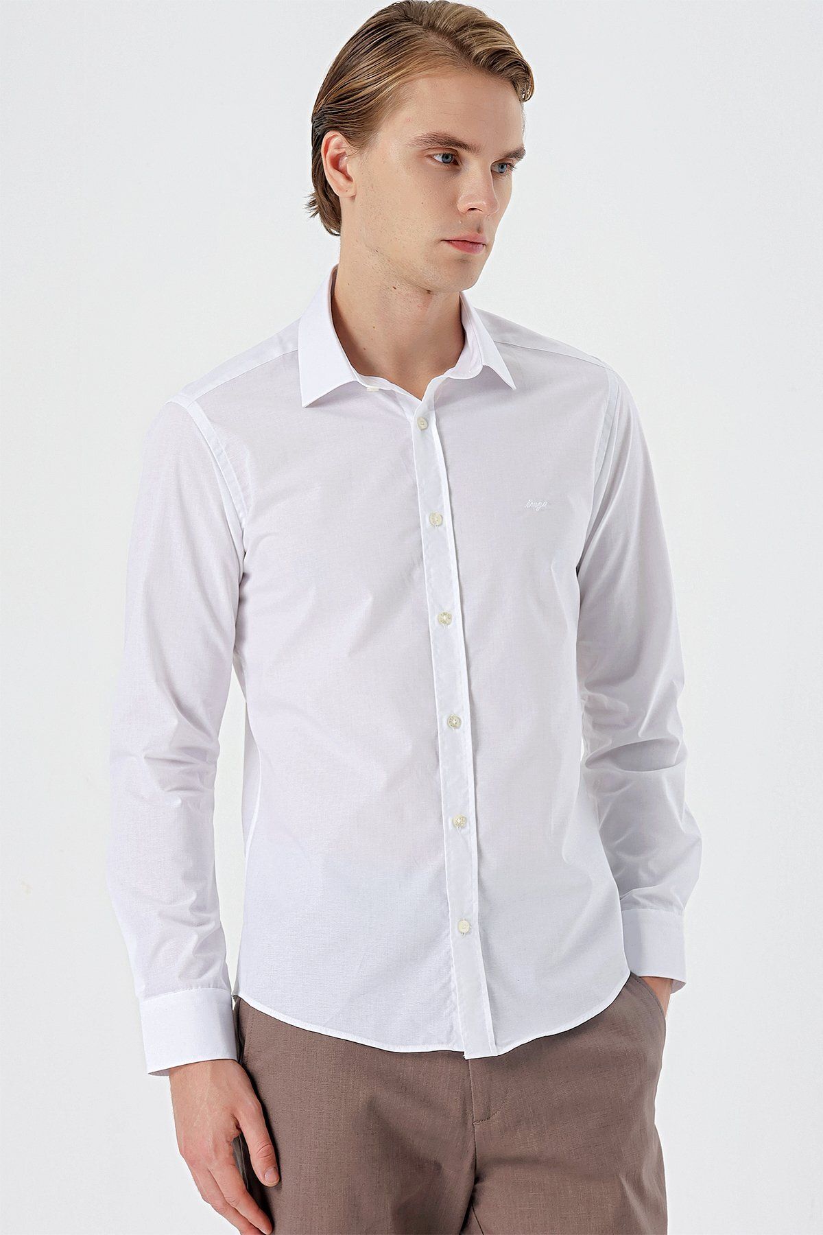 İmza-White Long Sleeve Filafil Hard Collar Pocketless Cotton Basic Slim Fit Slim Fit Shirt1004240008 3