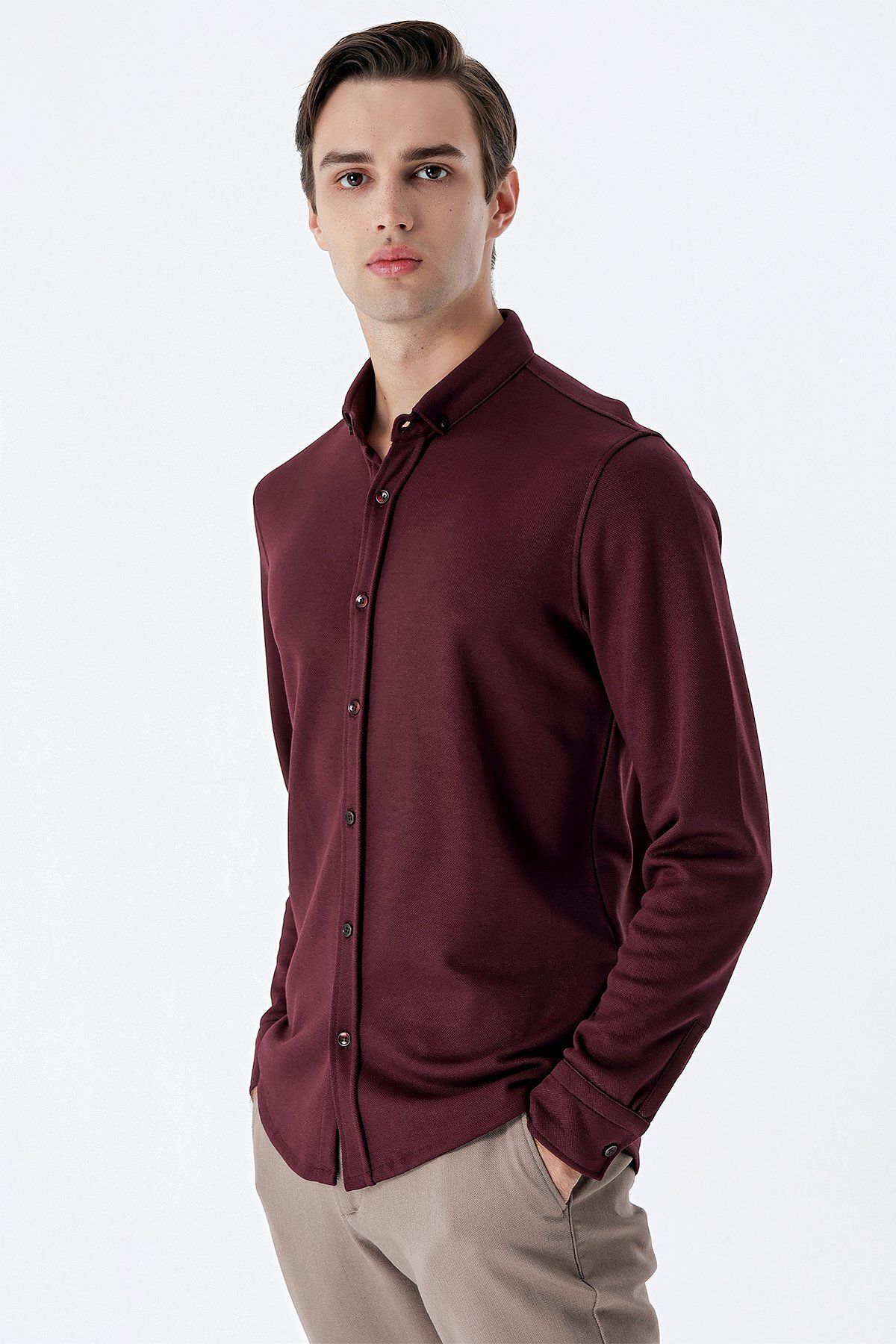 İmza-Claret Red Long Sleeve Knitted Button Collar No Pocket Cotton Casual Slim Fit Slim Fit Shirt 1004235116 4