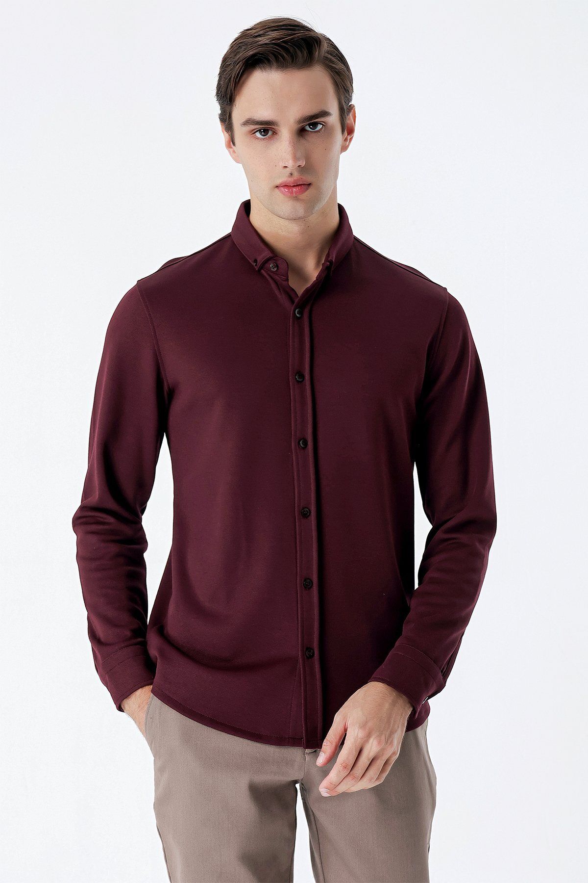 İmza-Claret Red Long Sleeve Knitted Button Collar No Pocket Cotton Casual Slim Fit Slim Fit Shirt 1004235116 1