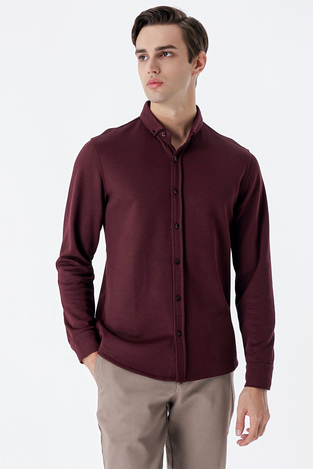 İmza-Claret Red Long Sleeve Knitted Button Collar No Pocket Cotton Casual Slim Fit Slim Fit Shirt 1004235116 3