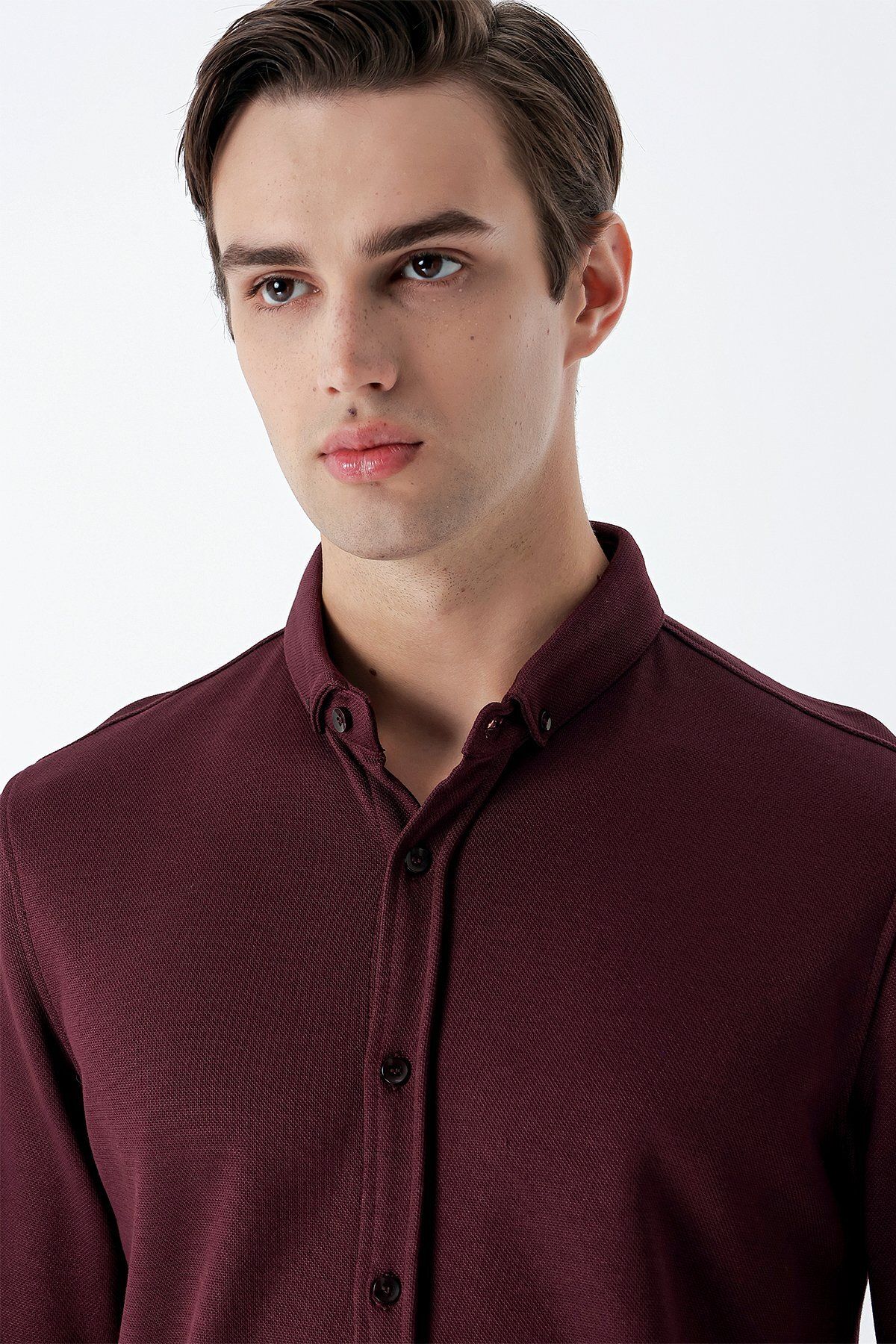 İmza-Claret Red Long Sleeve Knitted Button Collar No Pocket Cotton Casual Slim Fit Slim Fit Shirt 1004235116 5