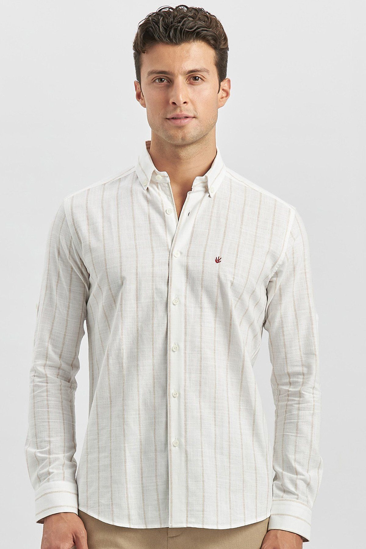 İmza-Beige Slim Fit Shirt - Shortable Sleeve, Striped Pattern, Perfectto Buttoned Collar1004240145 3