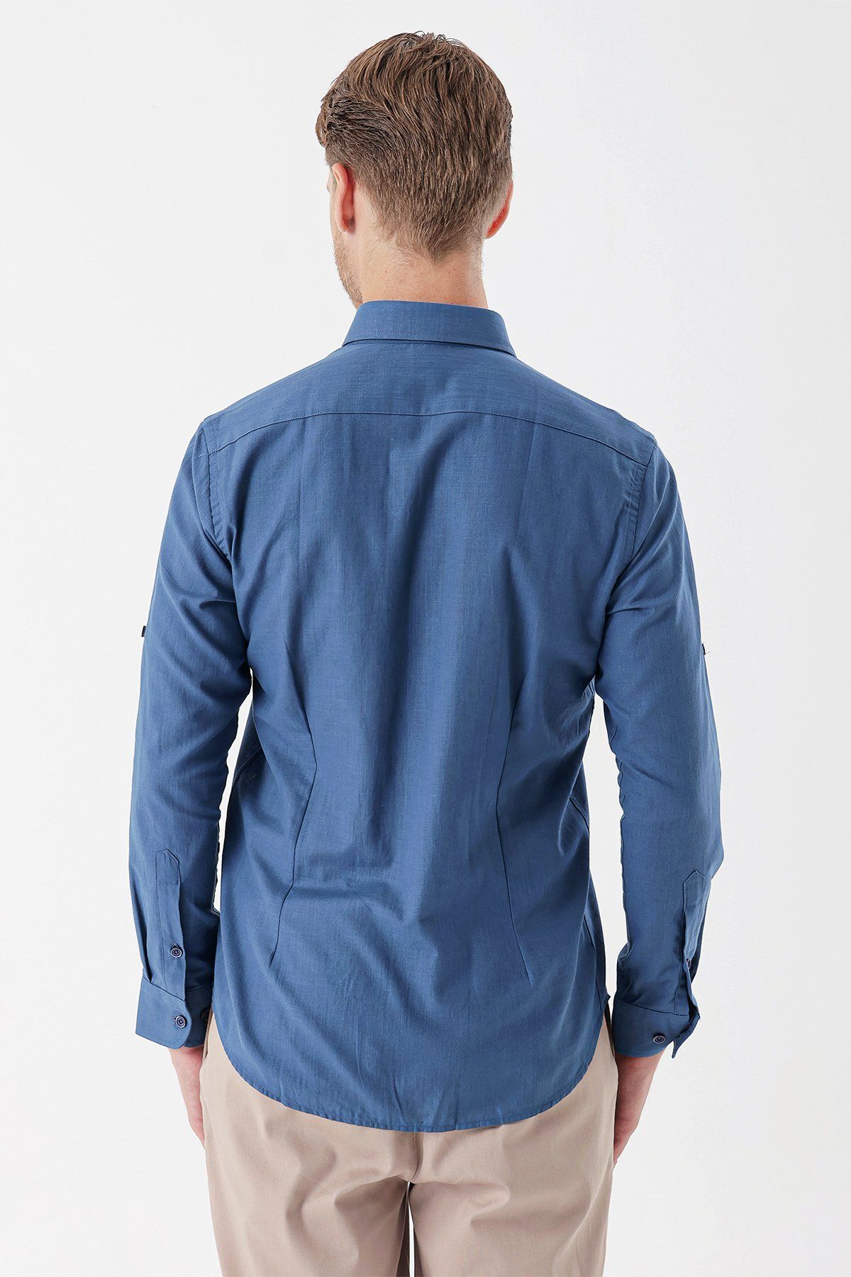 İmza-Indigo Blue Slim Fit Shirt - Shortable Sleeve, 100% Cotton, Ribbed 1004230227 2