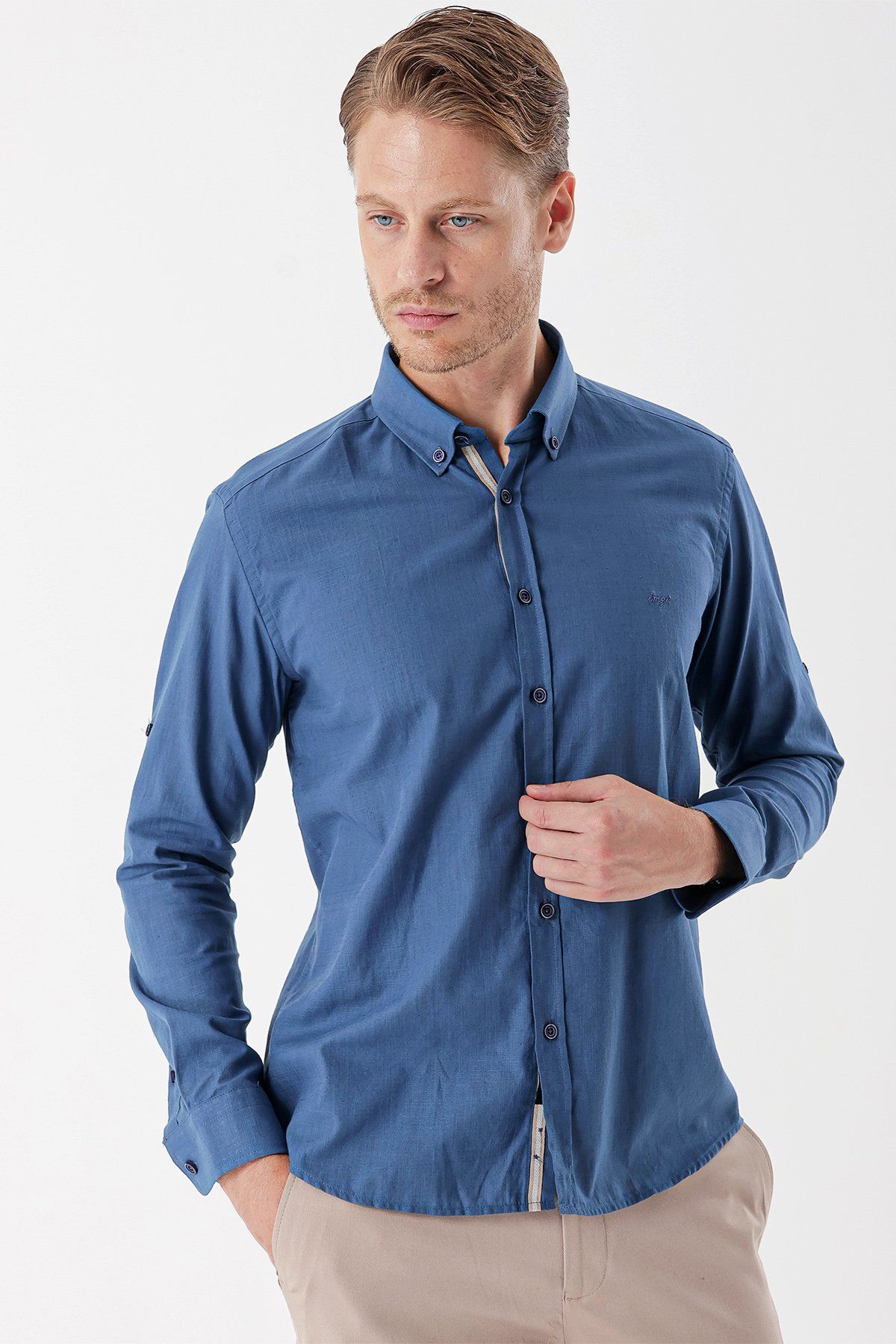 İmza-Indigo Blue Slim Fit Shirt - Shortable Sleeve, 100% Cotton, Ribbed 1004230227 3